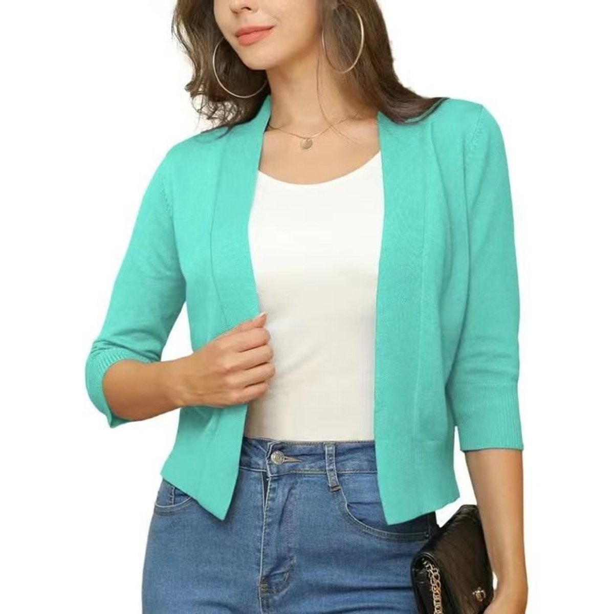 Women's Crop-Length Open-Front Three-Quarter Sleeve Knit Cardigan – Deep Navy Blue
