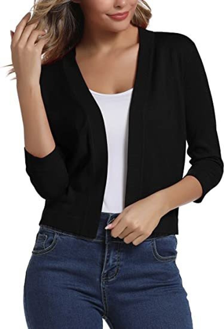 Women's Crop-Length Open-Front Three-Quarter Sleeve Knit Cardigan – Black
