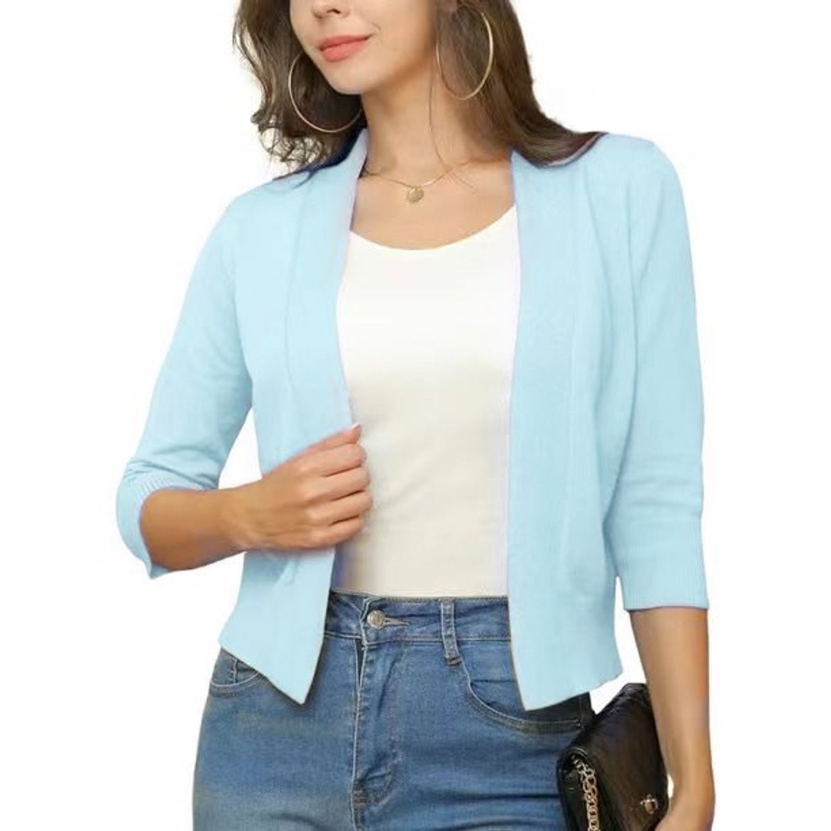 Women's Crop-Length Open-Front Three-Quarter Sleeve Knit Cardigan – Pale Blue