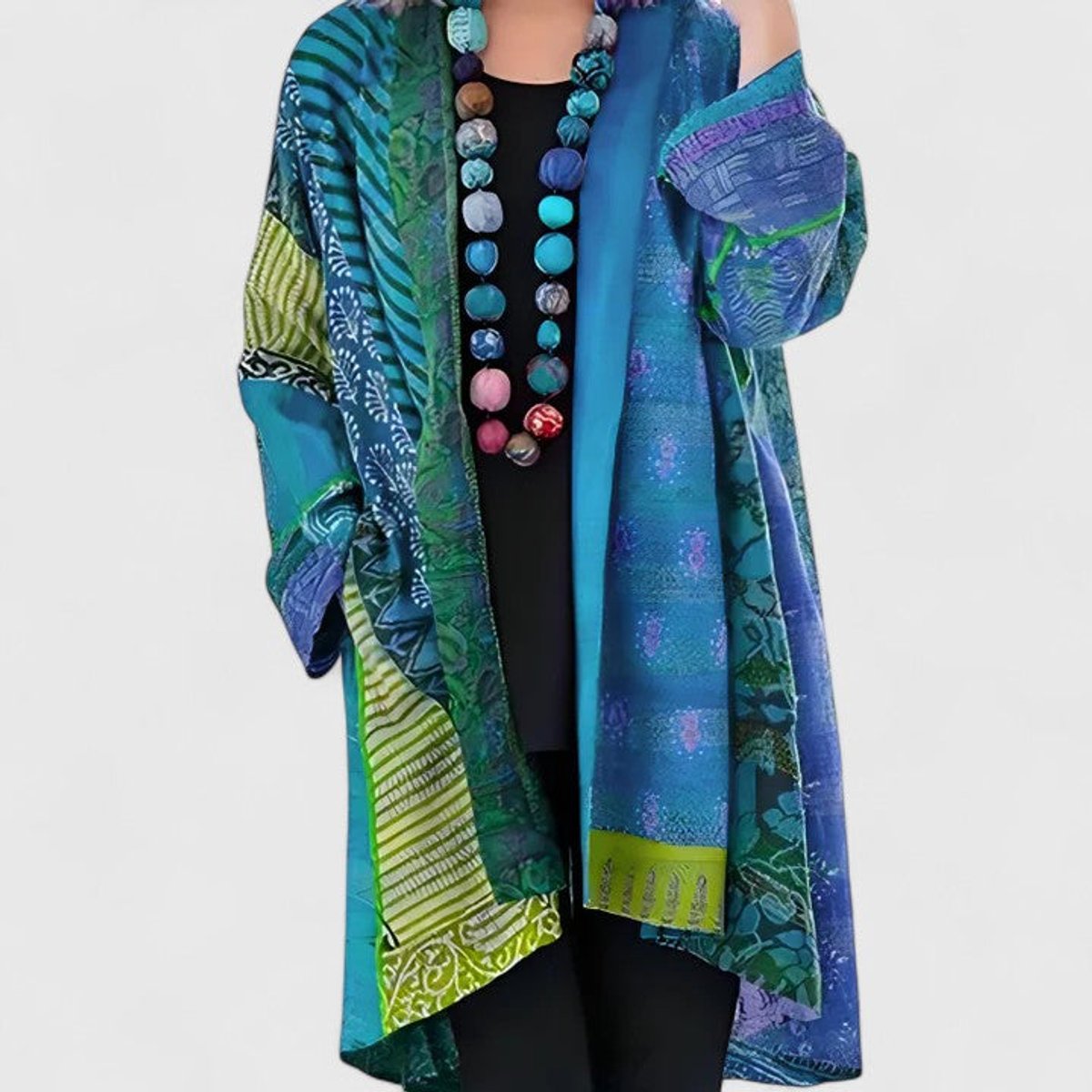 Women's Open-Style Patchwork Print Long Knit Cardigan for Winter – Blue