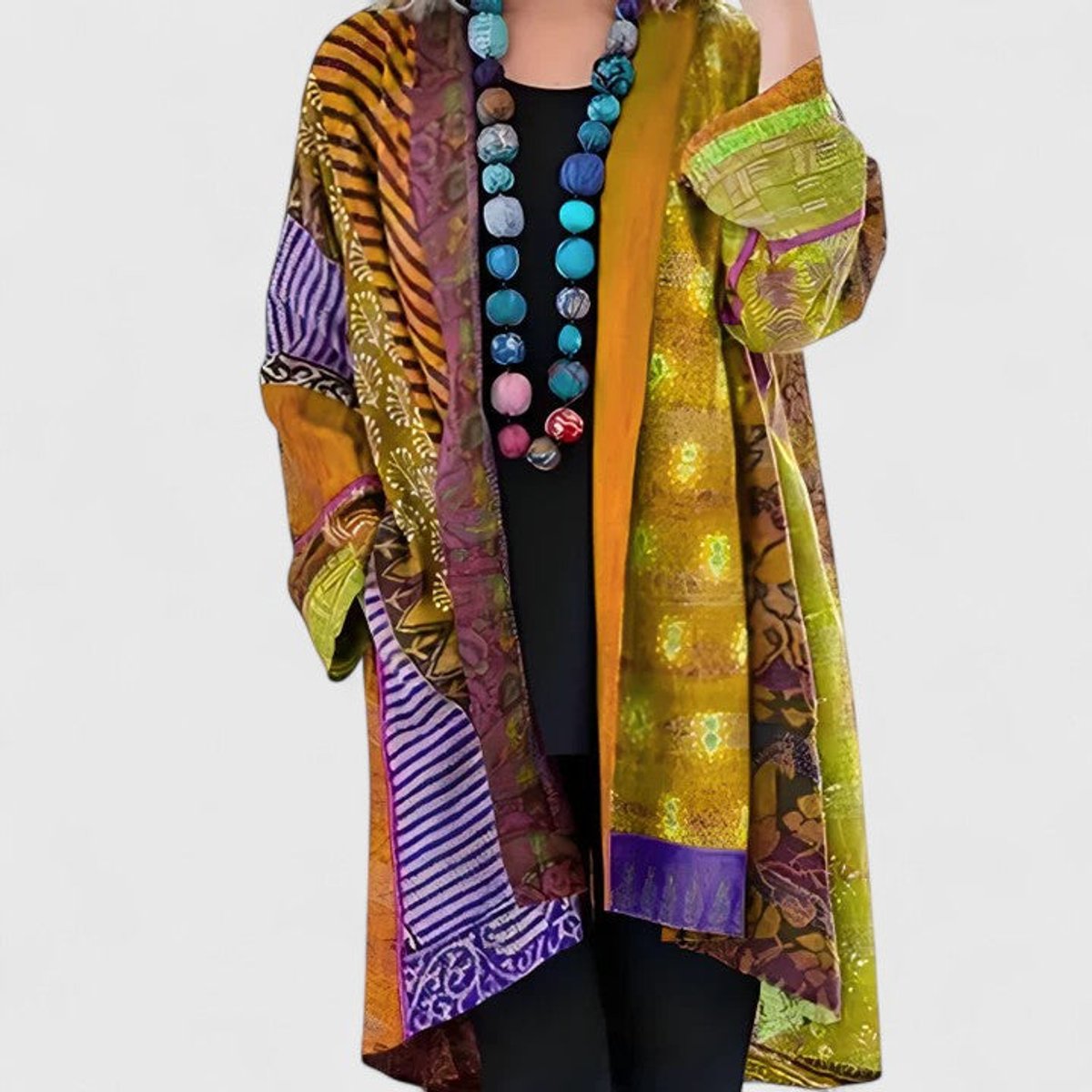 Women's Open-Style Patchwork Print Long Knit Cardigan for Winter – Yellow