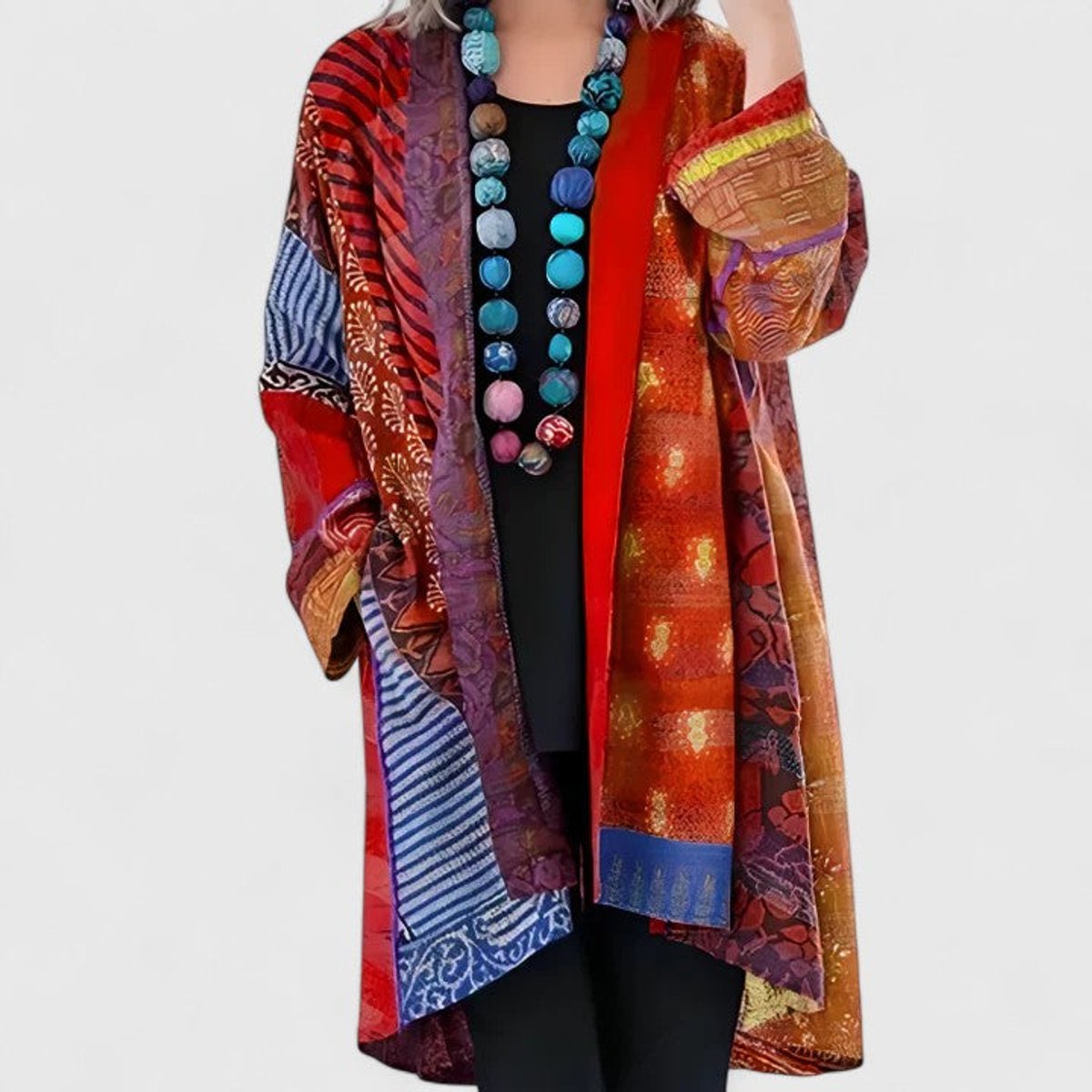 Women's Open-Style Patchwork Print Long Knit Cardigan for Winter – Red