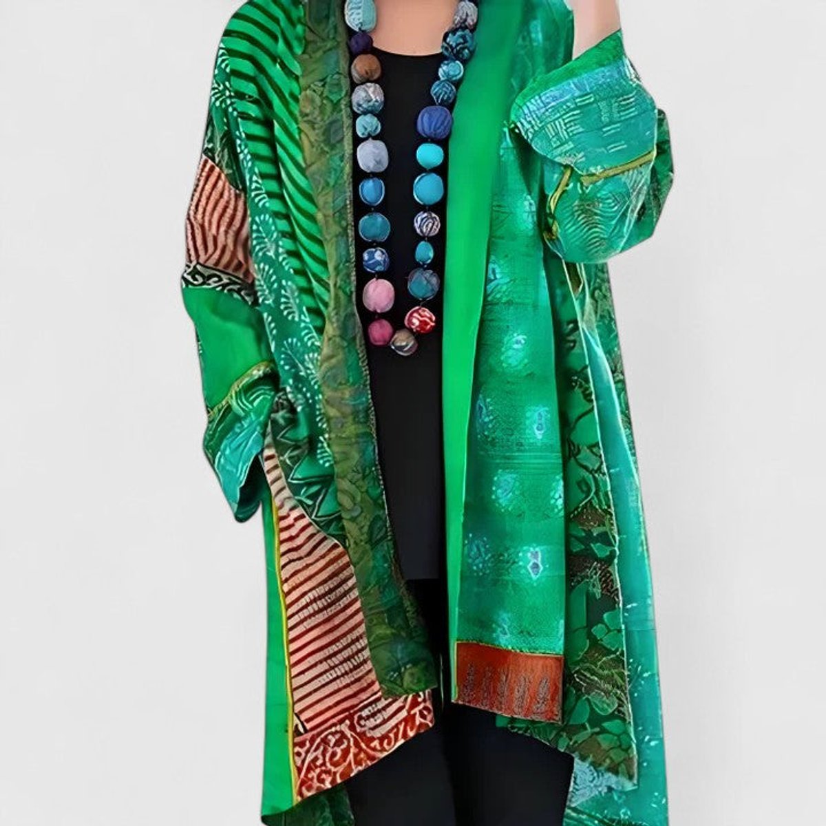 Women's Open-Style Patchwork Print Long Knit Cardigan for Winter – Green