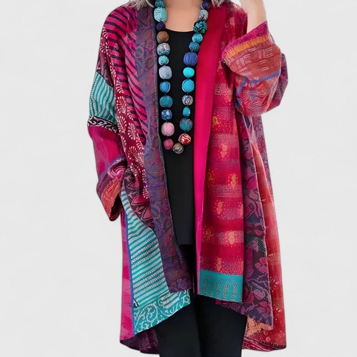 Women's Open-Style Patchwork Print Long Knit Cardigan for Winter – Pink