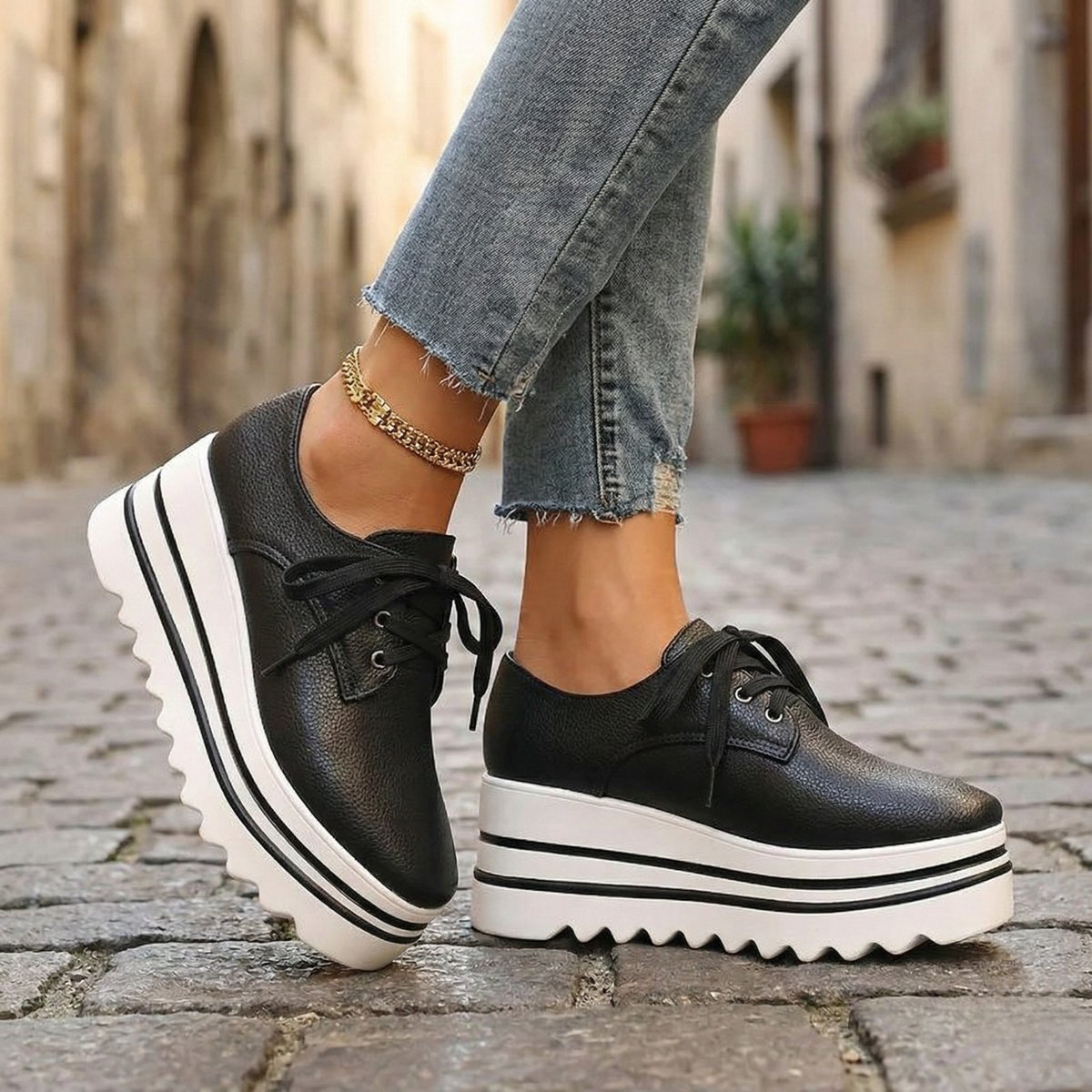 Women's Support Platform-Sole Tie-Front Oxford Boots – Black