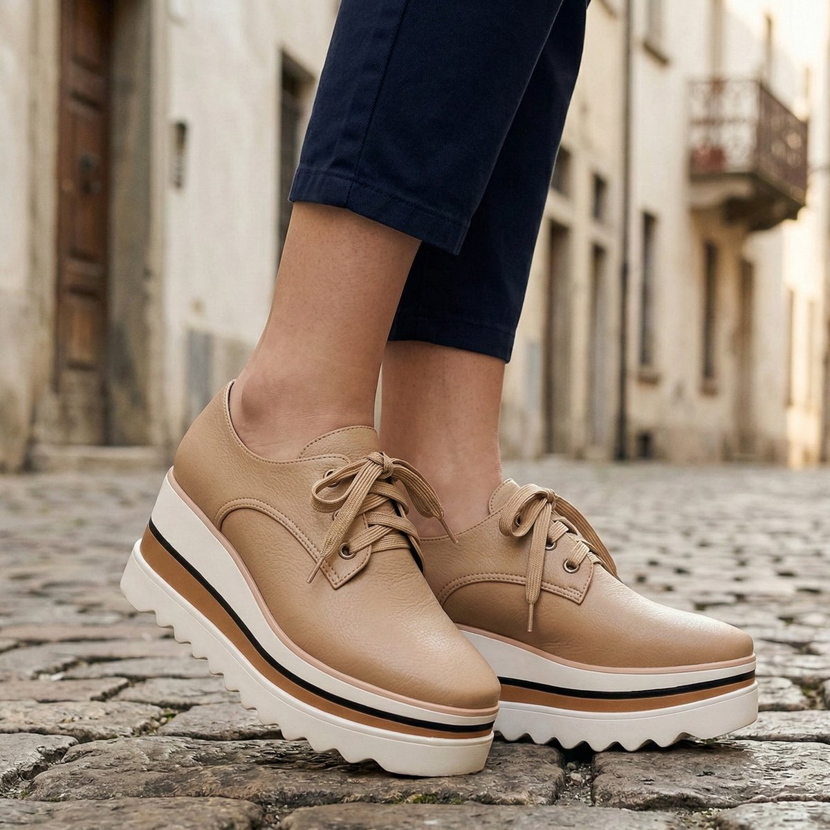 Women's Support Platform-Sole Tie-Front Oxford Boots – Beige