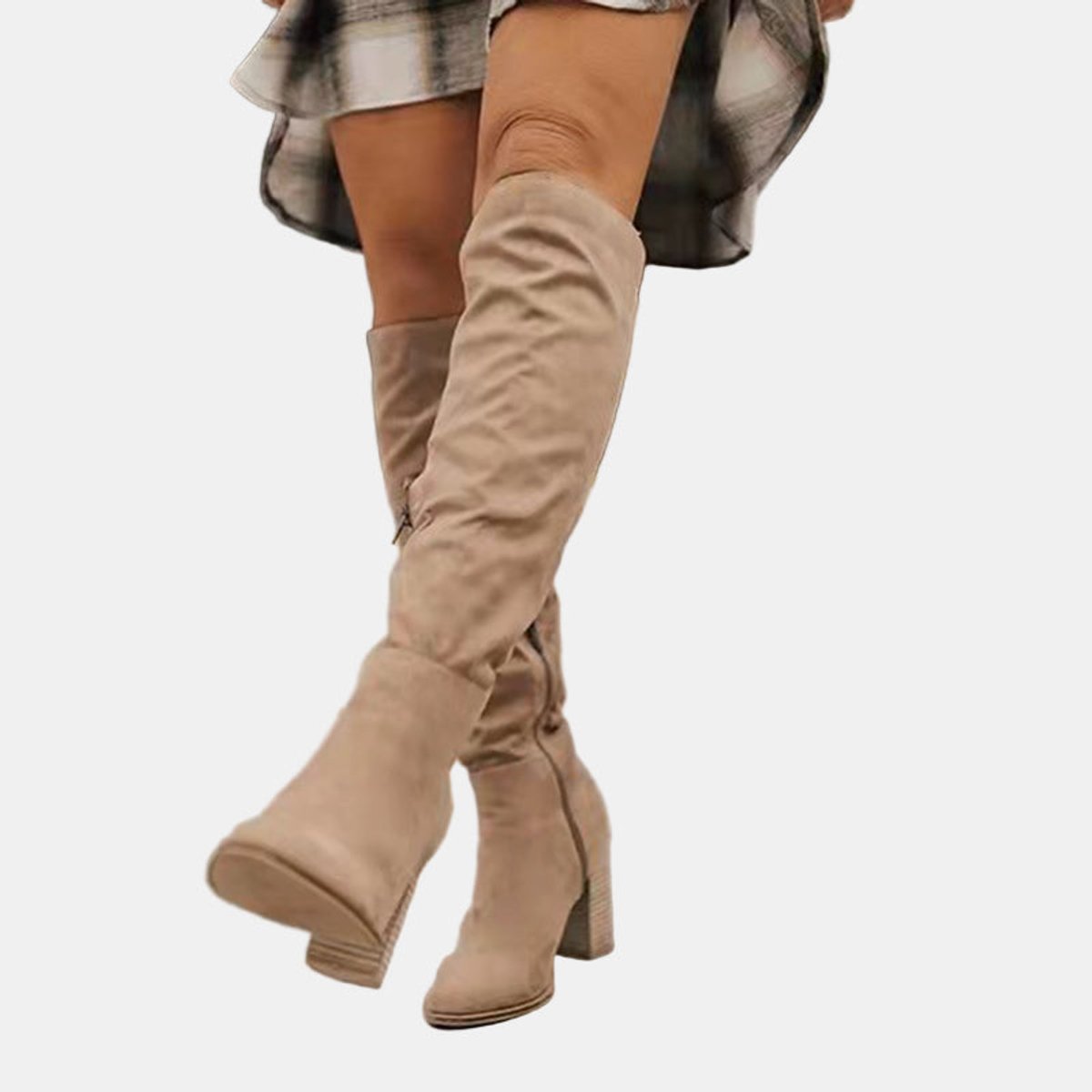 Women's Over-The-Knee Block-Heel Stretchy Booties – Beige