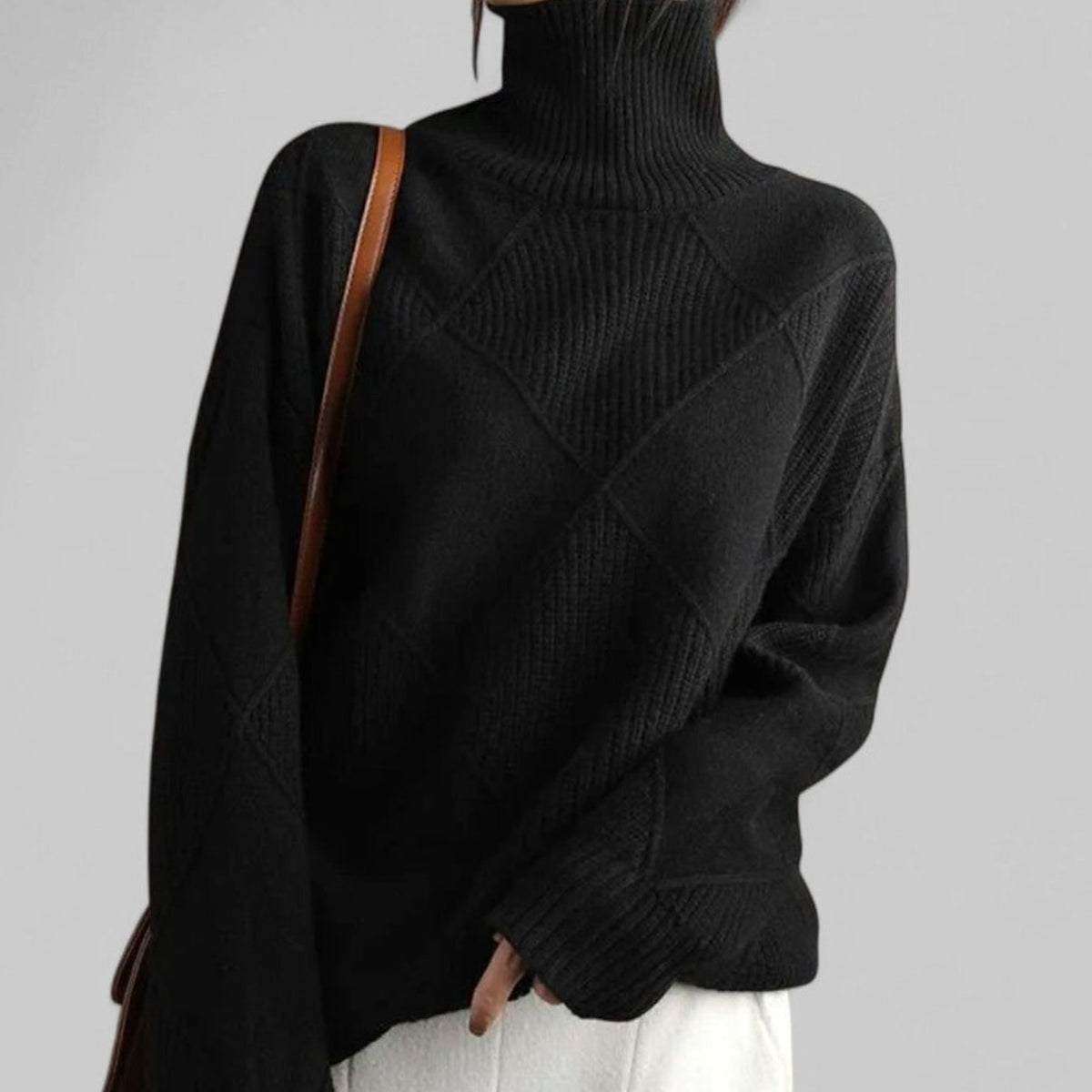 Women's Relaxed-Fit Argyle Knit Roll-Neck Pullover – Black
