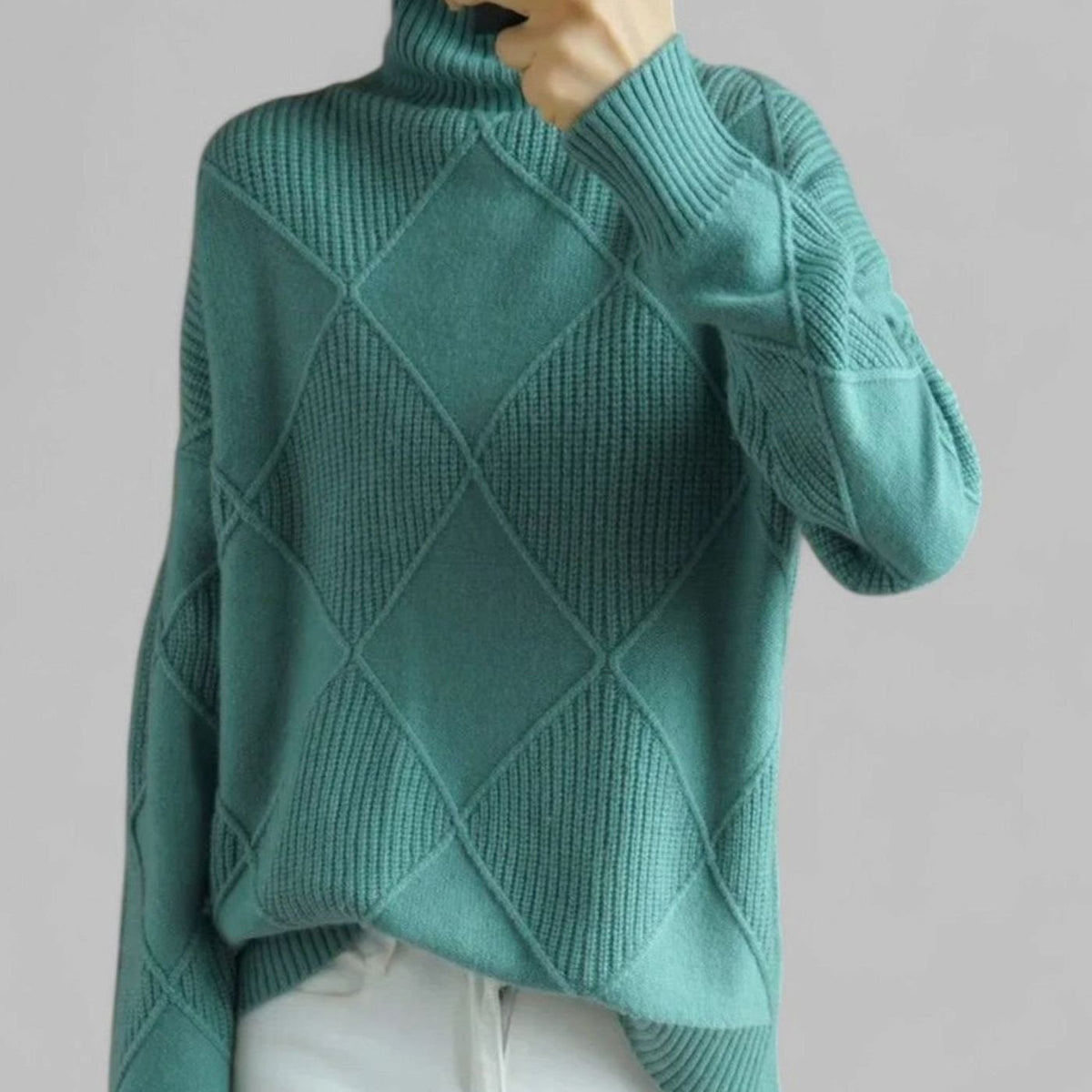 Women's Relaxed-Fit Argyle Knit Roll-Neck Pullover – view 10