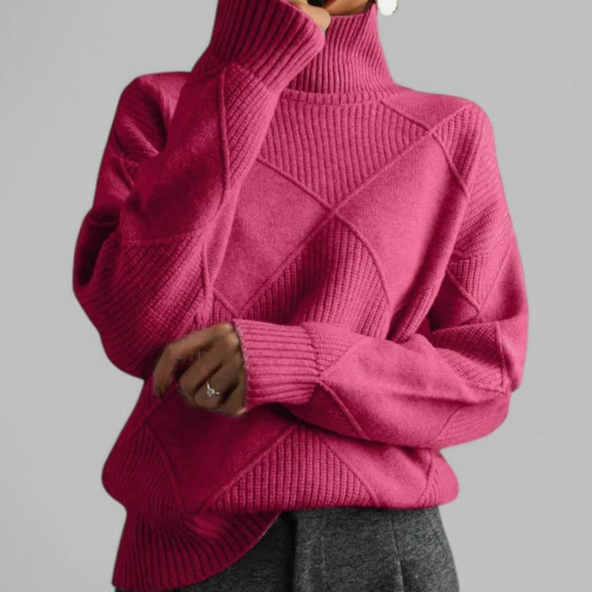 Women's Relaxed-Fit Argyle Knit Roll-Neck Pullover – Pink
