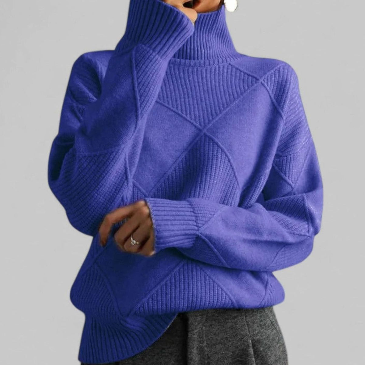 Women's Relaxed-Fit Argyle Knit Roll-Neck Pullover – view 7