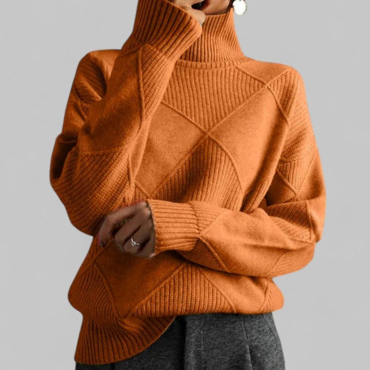 Women's Relaxed-Fit Argyle Knit Roll-Neck Pullover – view 9