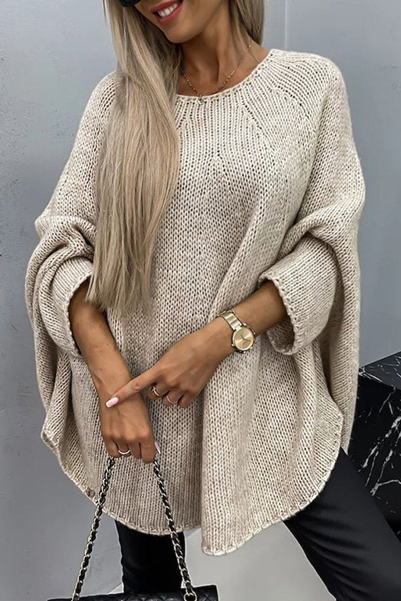 Women's Batwing Sleeve Crew-Neck Knit Pullover – Beige