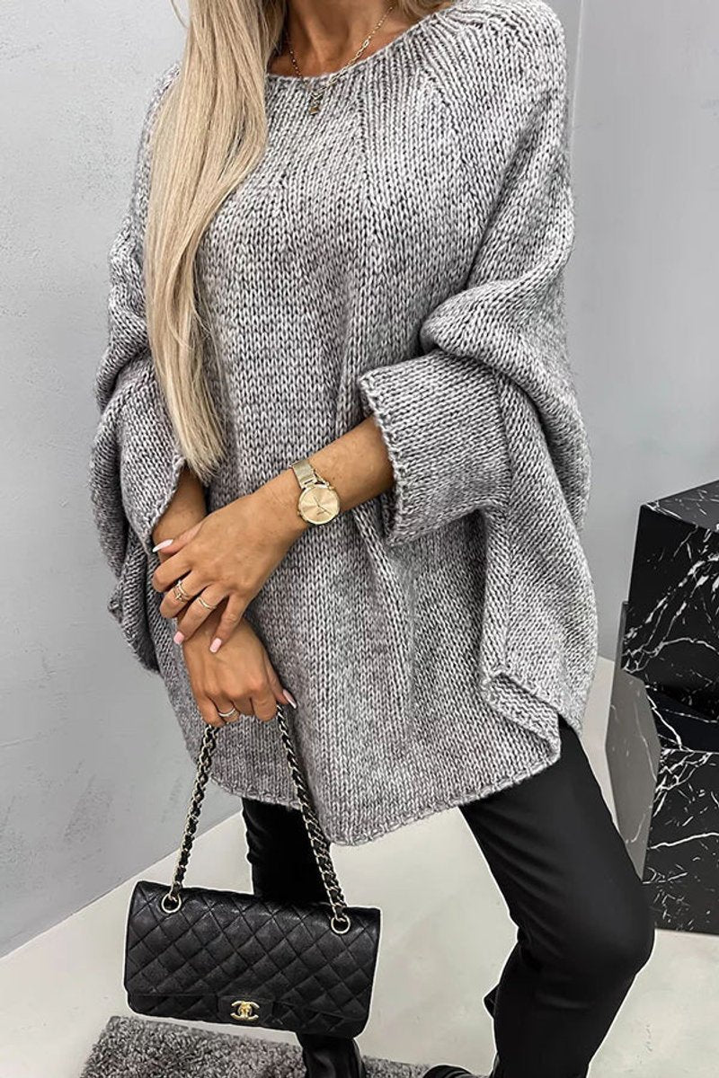 Women's Batwing Sleeve Crew-Neck Knit Pullover – Gray