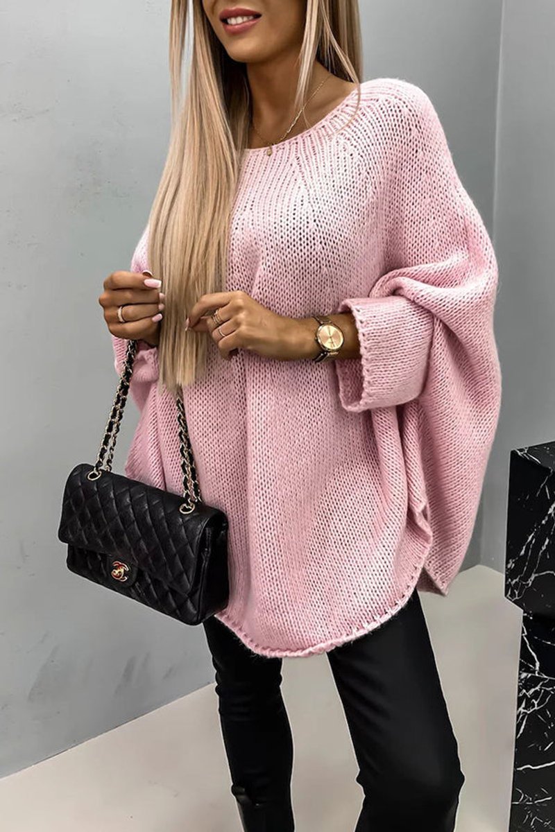 Women's Batwing Sleeve Crew-Neck Knit Pullover – Pink