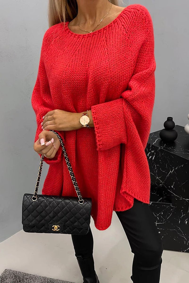 Women's Batwing Sleeve Crew-Neck Knit Pullover – Red