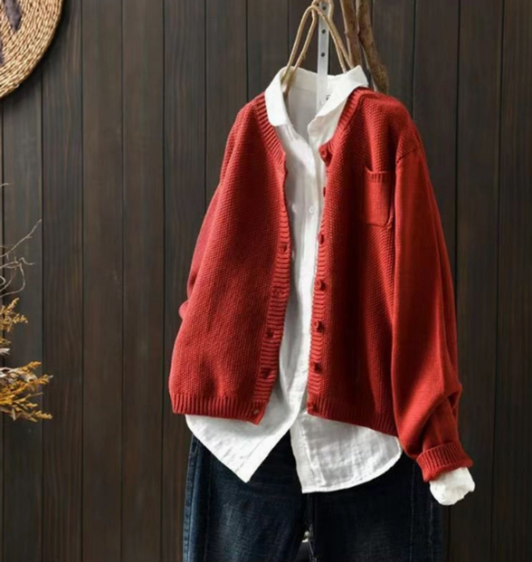 Women's Relaxed-Fit Button-Front Knit Cardigan Pullover – Red