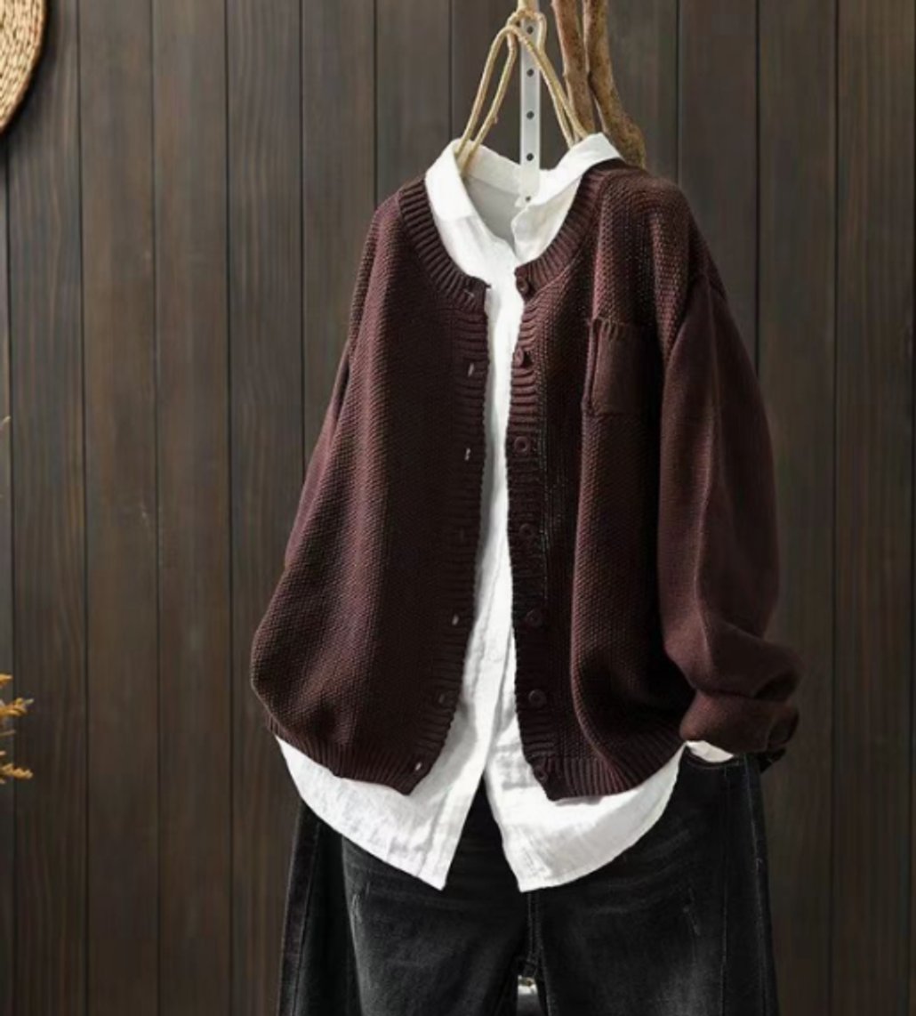 Women's Relaxed-Fit Button-Front Knit Cardigan Pullover – Dark Brown