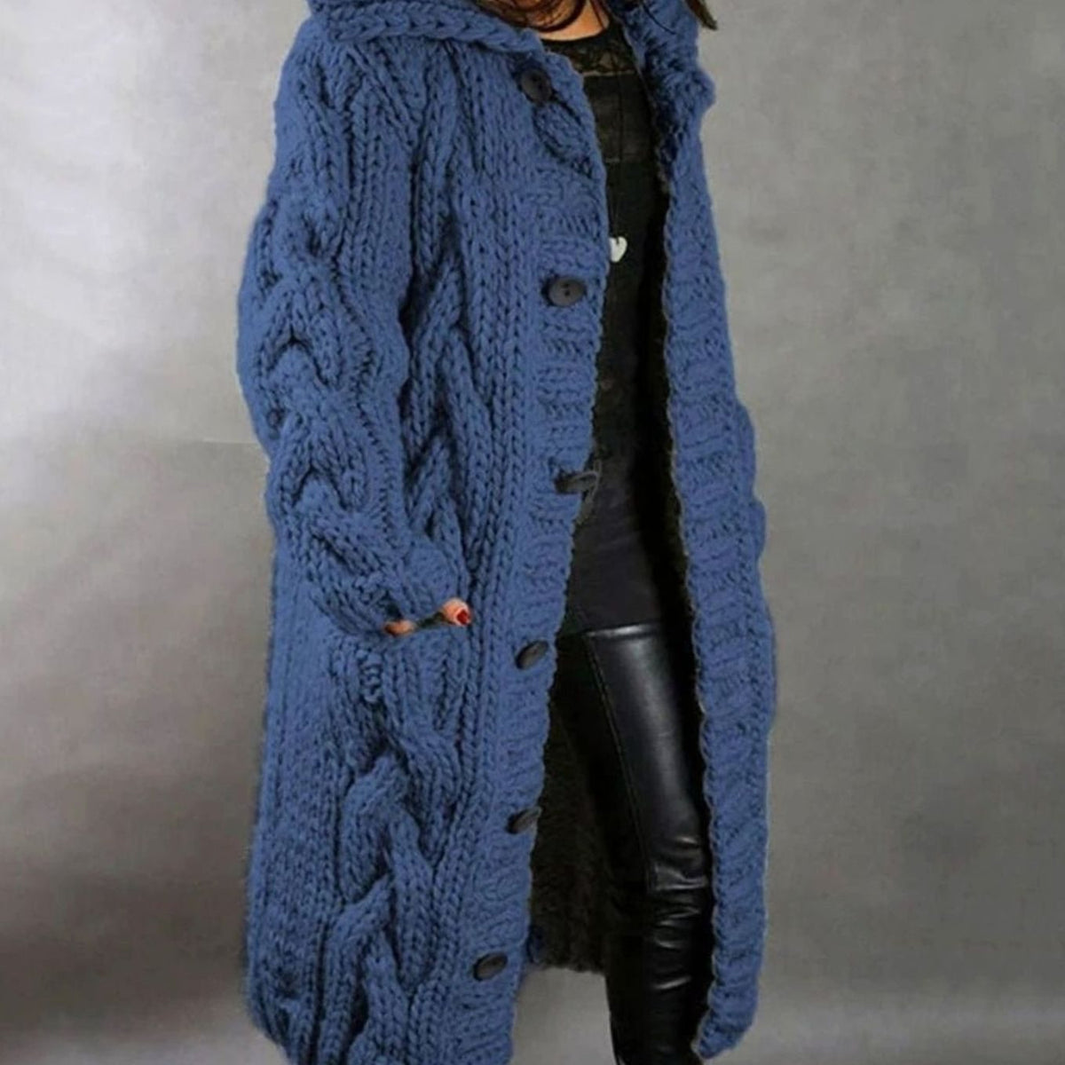 Women's Loose-Fit Cable-Stitch Hood-Detail Button Knit Cardigan – Blue