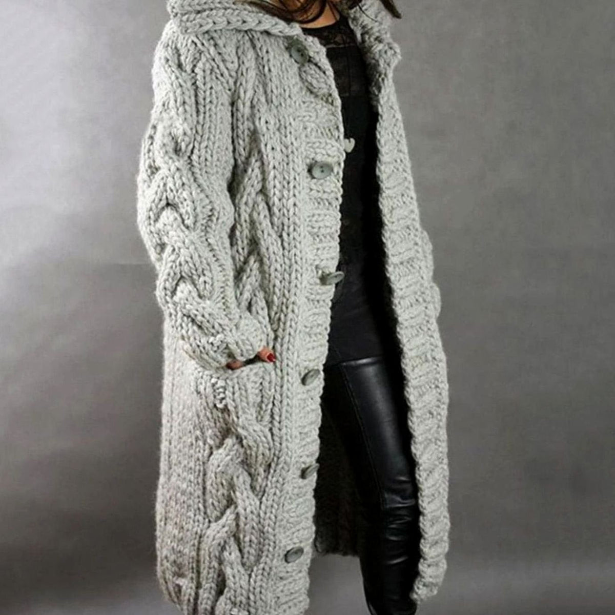 Women's Loose-Fit Cable-Stitch Hood-Detail Button Knit Cardigan – Silver Gray