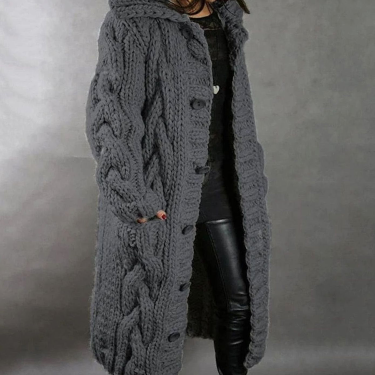 Women's Loose-Fit Cable-Stitch Hood-Detail Button Knit Cardigan – Dark Gray