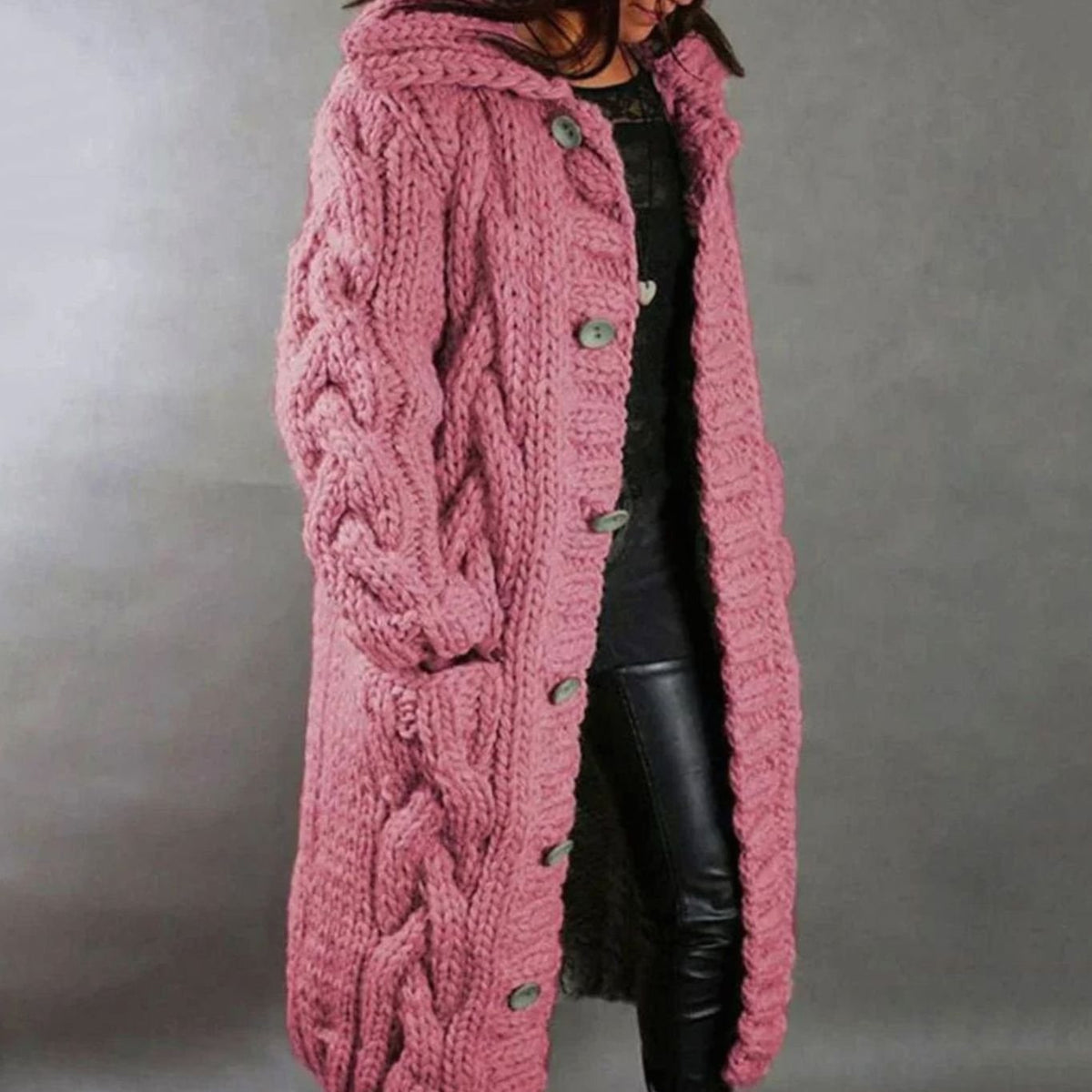 Women's Loose-Fit Cable-Stitch Hood-Detail Button Knit Cardigan – Pink