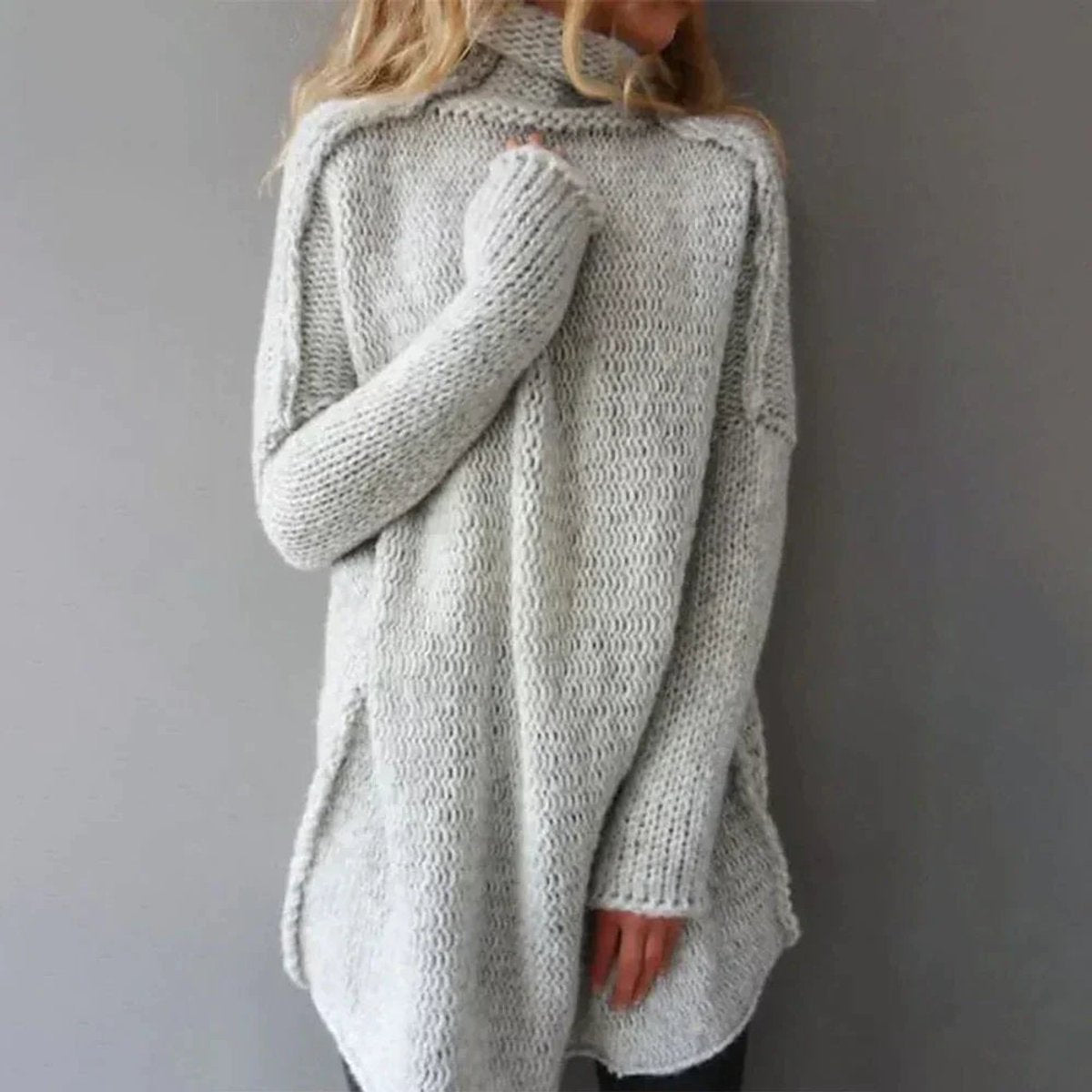 Women's Loose-Fit Chunky-Knit Roll-Neck Pullover – Gray