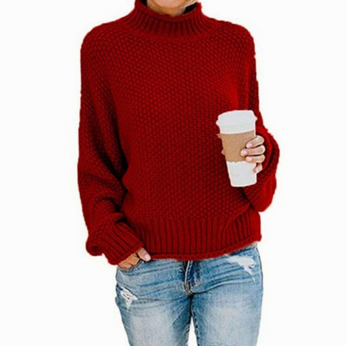 Women's Chunky-Knit Foldover Roll-Neck Pullover – Red