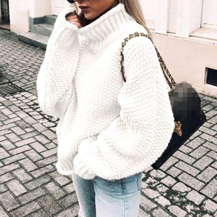 Women's Chunky-Knit Foldover Roll-Neck Pullover – White