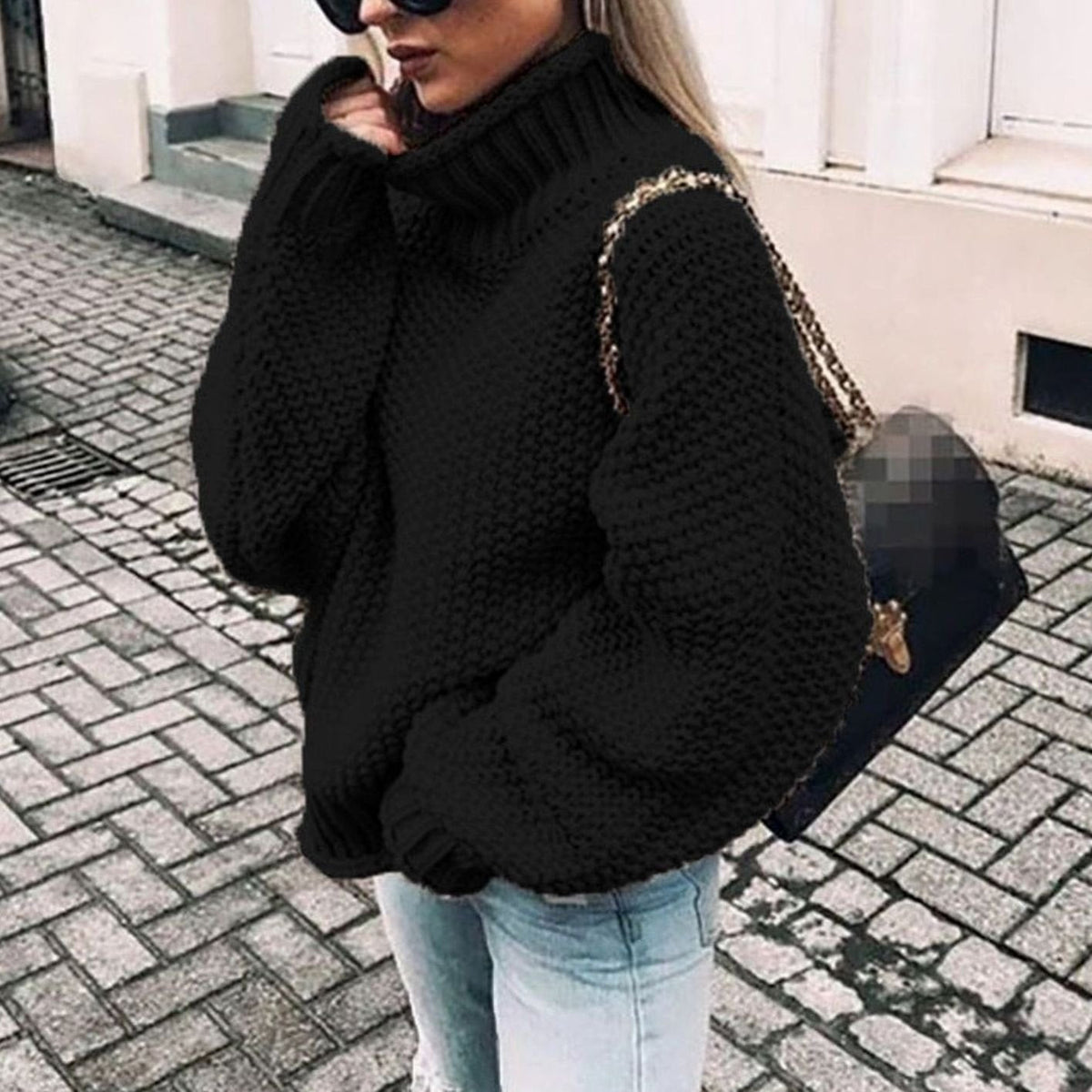 Women's Chunky-Knit Foldover Roll-Neck Pullover – Black