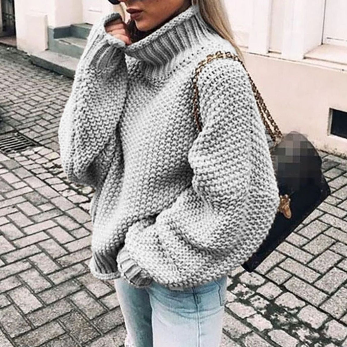 Women's Chunky-Knit Foldover Roll-Neck Pullover – Gray