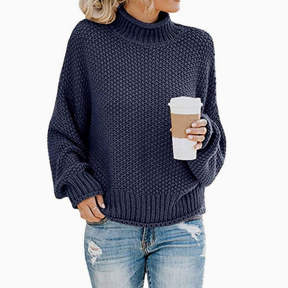 Women's Chunky-Knit Foldover Roll-Neck Pullover – Navy Blue