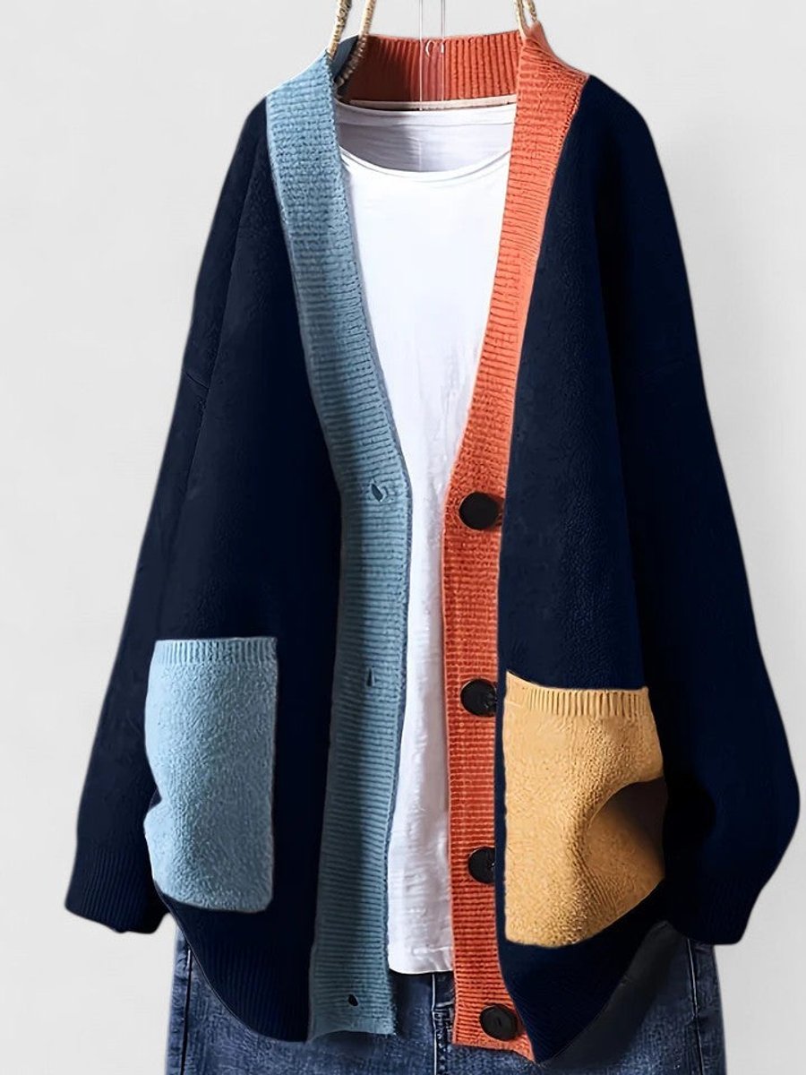 Women's Loose-Fit Color-Block Button-Front Knit Cardigan Pullover – Navy Blue