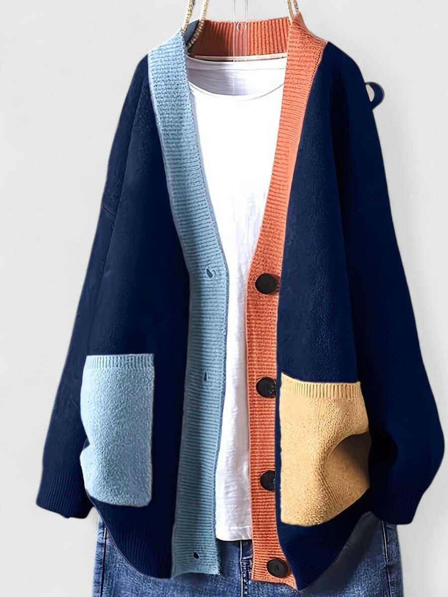 Women's Loose-Fit Color-Block Button-Front Knit Cardigan Pullover – Blue