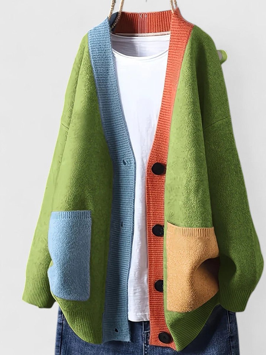 Women's Loose-Fit Color-Block Button-Front Knit Cardigan Pullover – Green