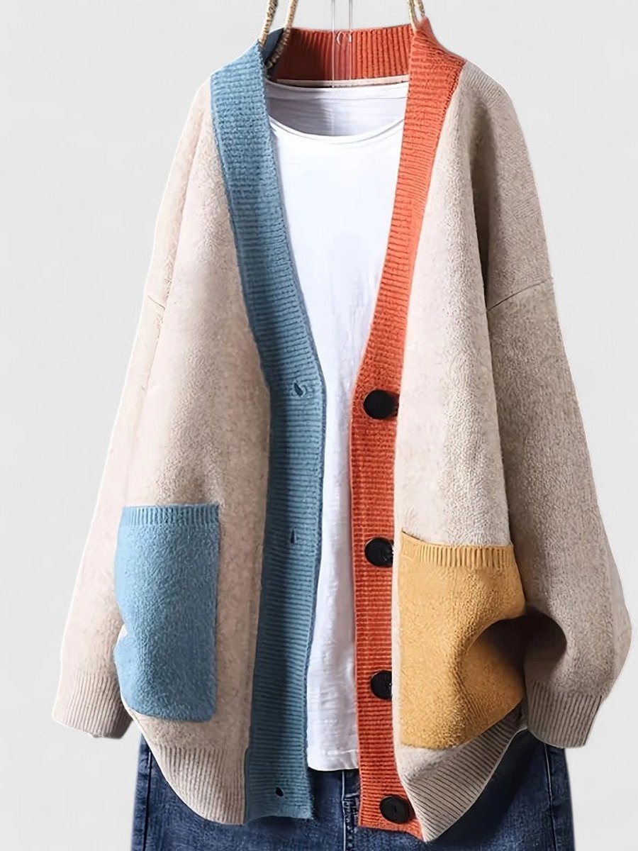 Women's Loose-Fit Color-Block Button-Front Knit Cardigan Pullover – Beige