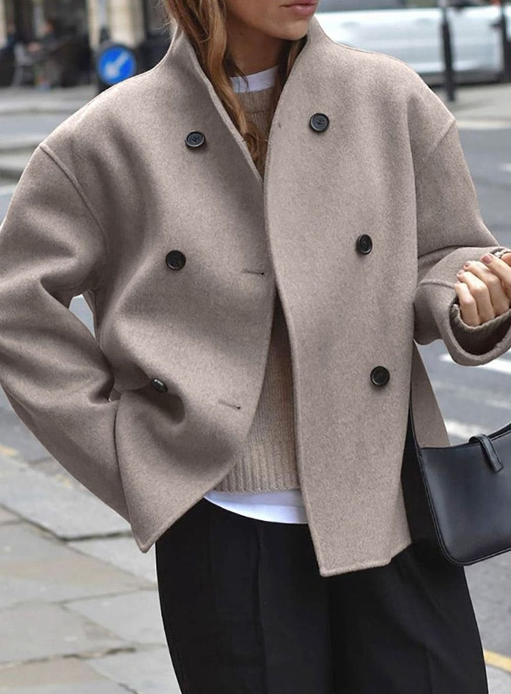 Women's Loose-Fit Double-Breast Hip-Length Coat – Khaki
