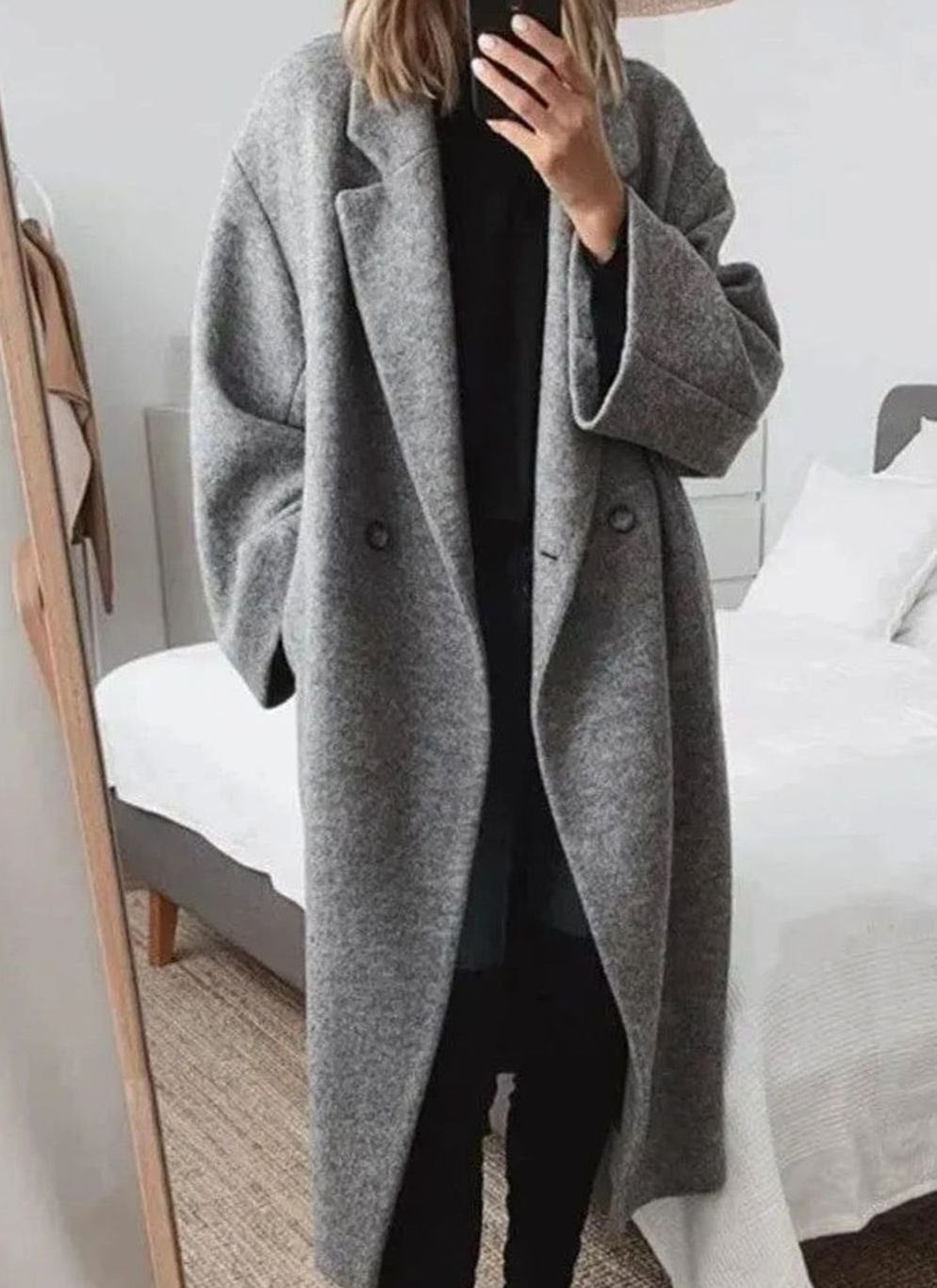 Women's Relaxed-Fit Double-Breast Long Coat – Gray
