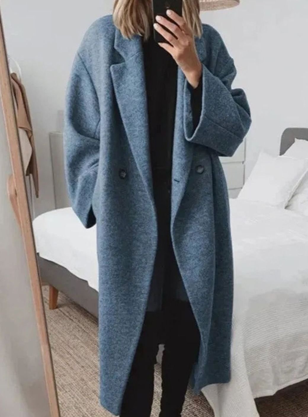 Women's Relaxed-Fit Double-Breast Long Coat – Navy Blue