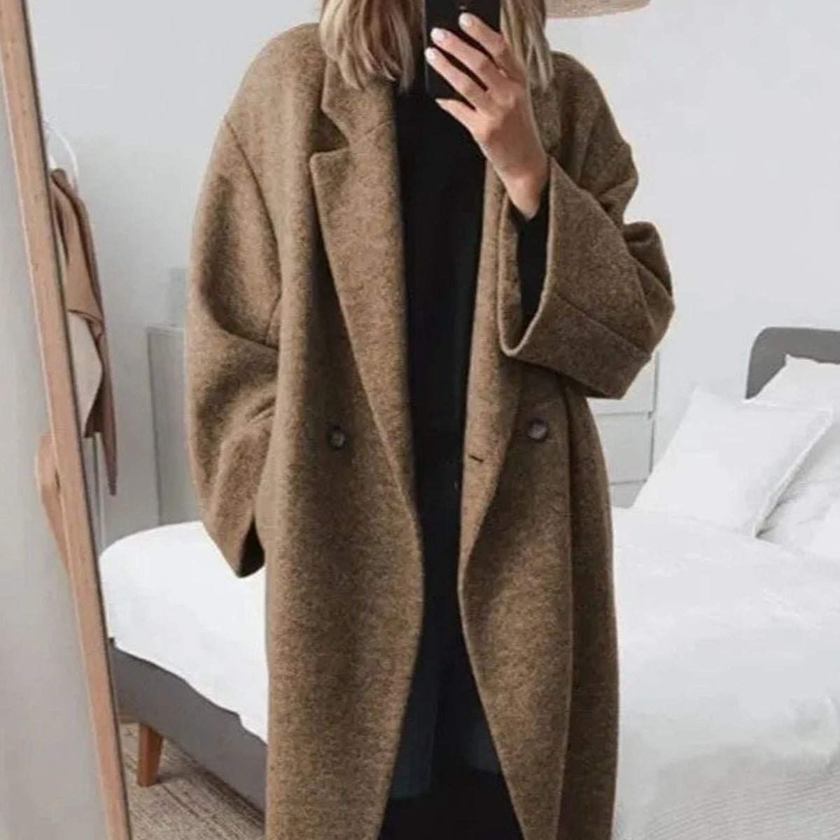 Women's Relaxed-Fit Double-Breast Long Coat – Brown