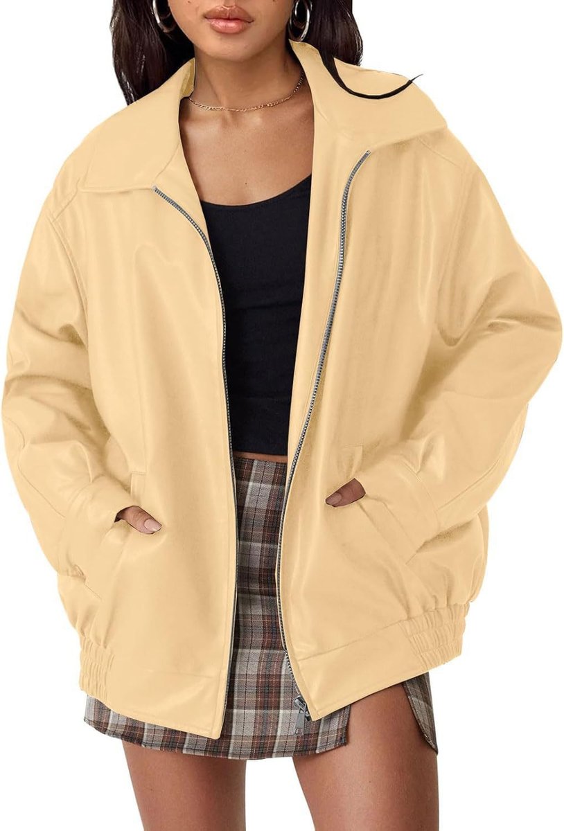 Women's Loose-Fit Leather-Look Bomber Jacket – Apricot