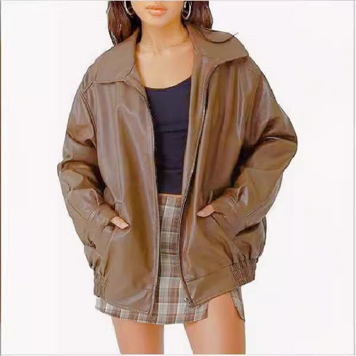 Women's Loose-Fit Leather-Look Bomber Jacket – Camel