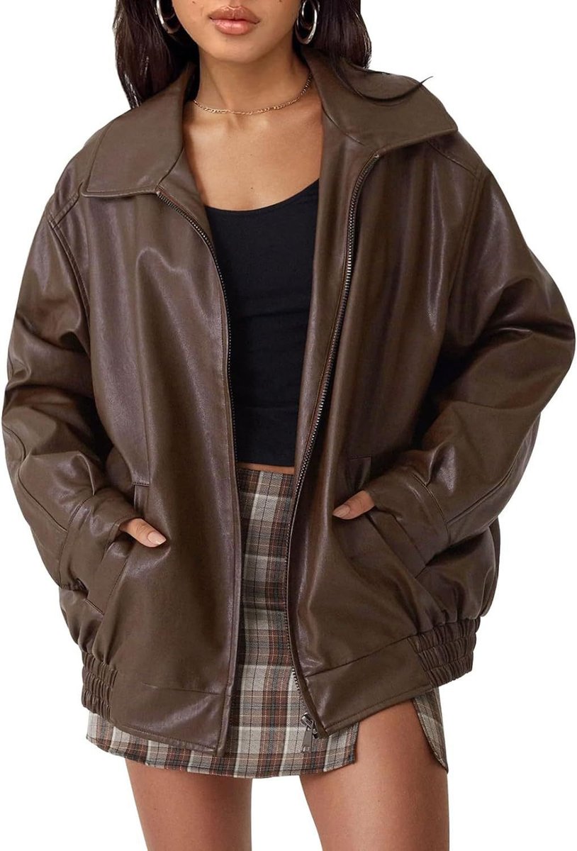 Women's Loose-Fit Leather-Look Bomber Jacket – Dark Brown