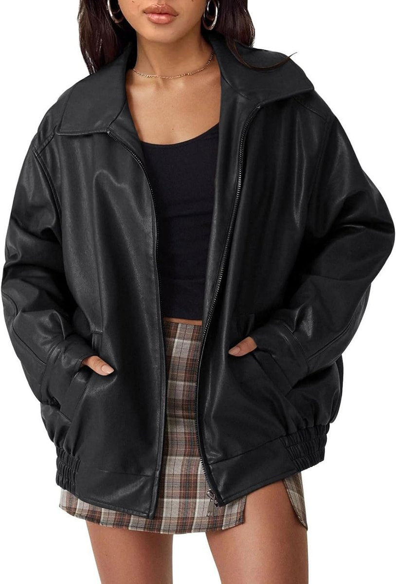 Women's Loose-Fit Leather-Look Bomber Jacket – Black