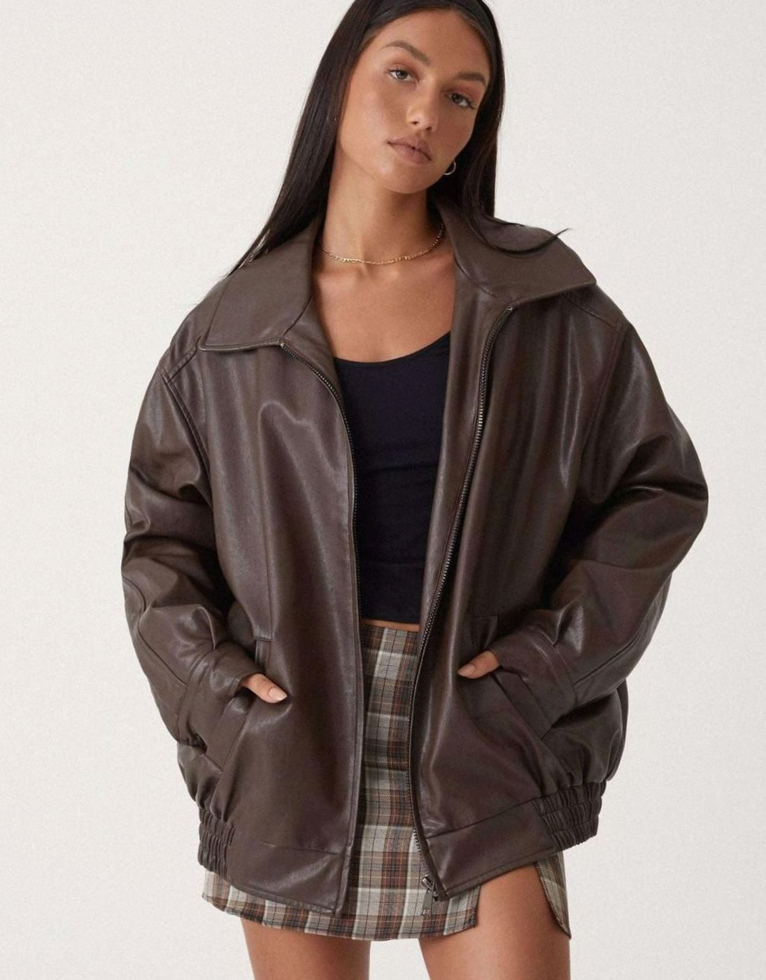 Women's Dropped-Shoulder Leather-Look Bomber Jacket – Brown