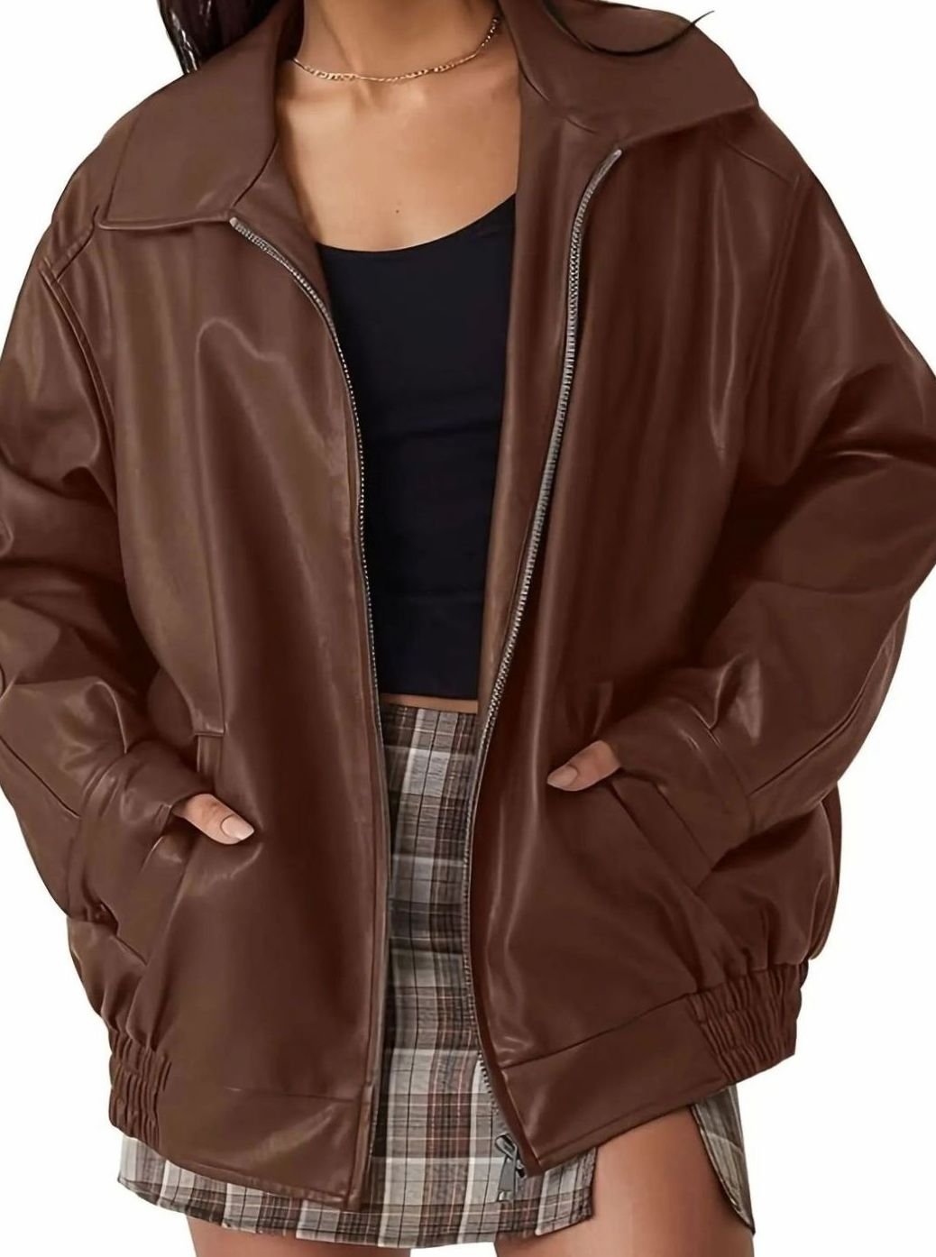 Women's Leather-Look Full-Zip Bomber Jacket – Brown