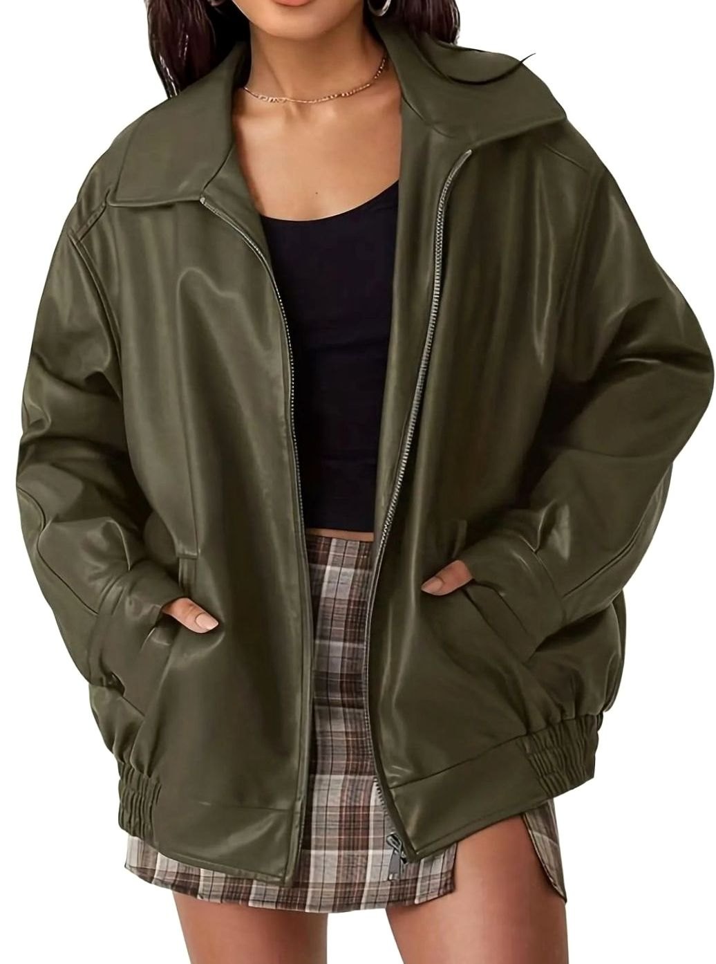 Women's Leather-Look Full-Zip Bomber Jacket – Army Green