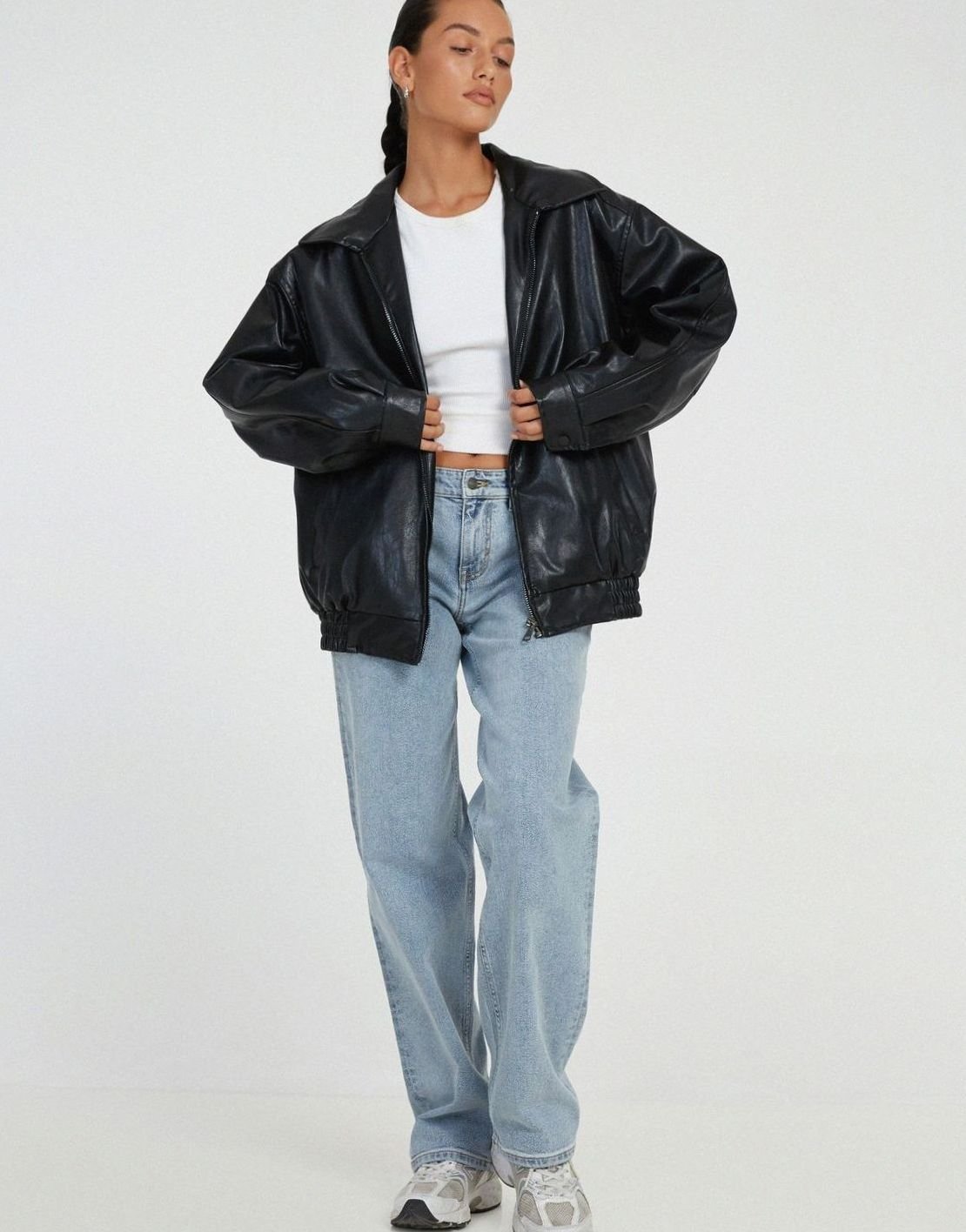 Women's Dropped-Shoulder Leather-Look Bomber Jacket – Black