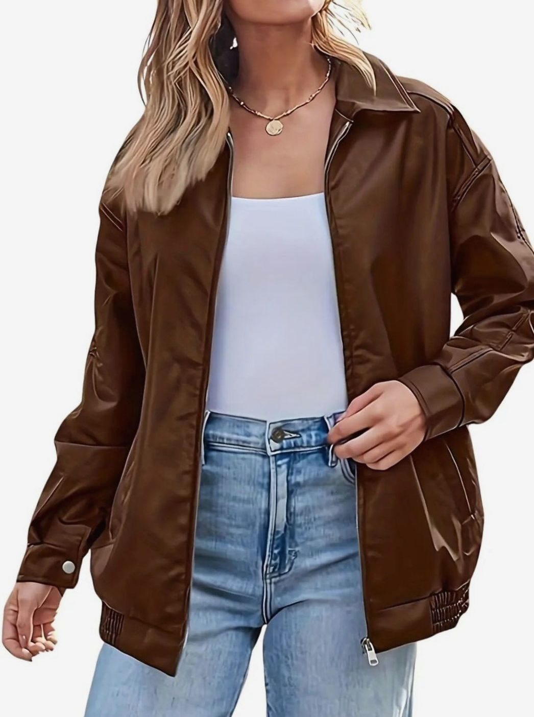 Women's Leather-Look Full-Zip Bomber Jacket – view 5