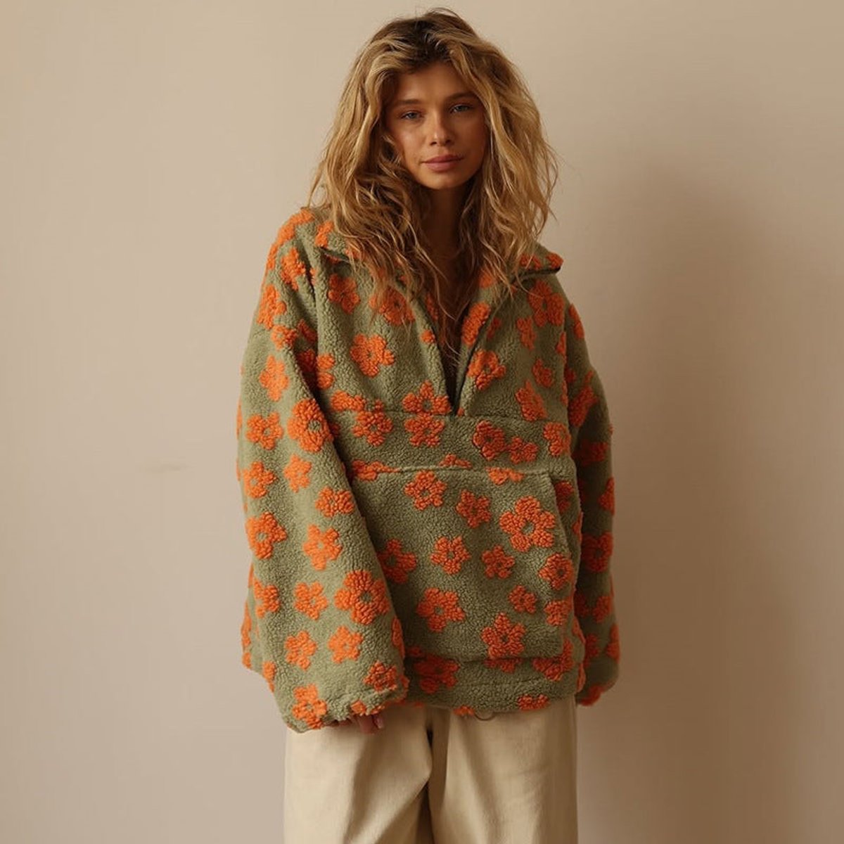 Women's Loose-Fit Flower-Print Sherpa Fleece Half-Zip Pullover – view 3
